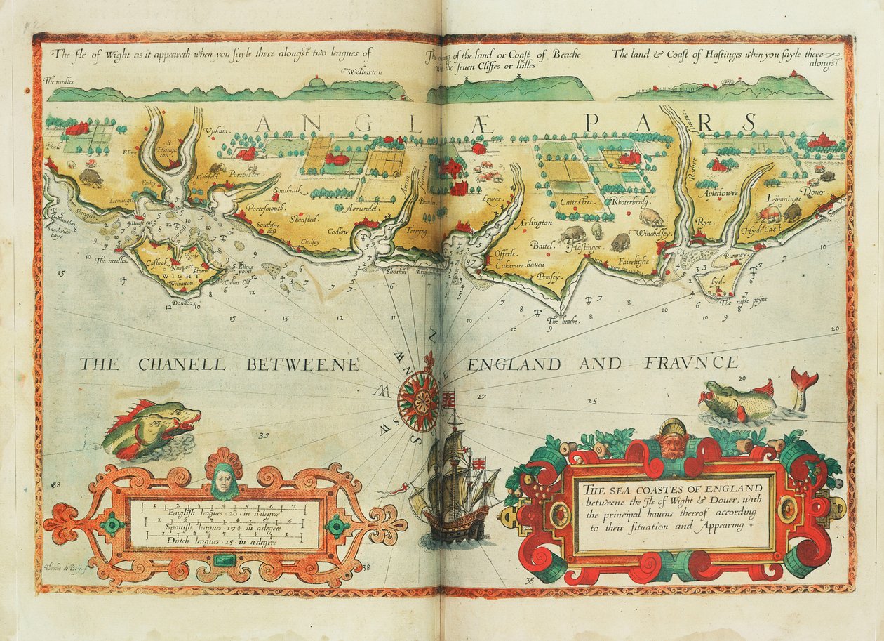 As costas marítimas de Inglaterra entre a Ilha de Wight e Dover, com os seus principais portos de abrigo, segundo a sua situação e aspeto, c.1588 (carta) de Lucas Janszoon Waghenaer