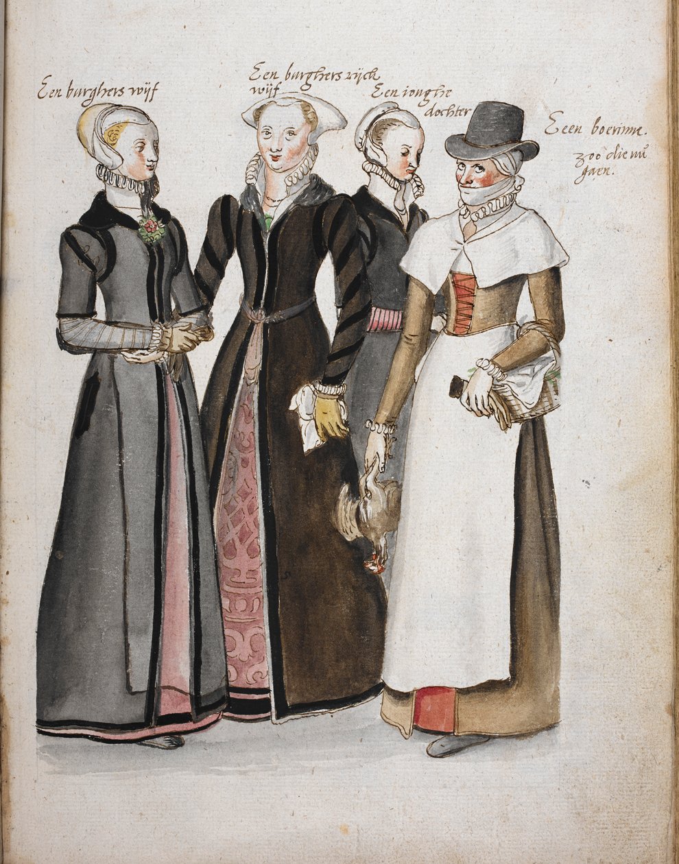 Quatro mulheres inglesas em trajes da era elisabetana: uma esposa de um cidadão de Londres, uma esposa de um cidadão rico de Londres, uma filha da esposa cidadã de Londres e uma camponesa, 