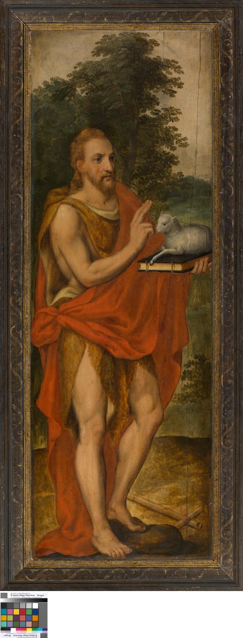João Batista (à esquerda), Doador (à direita), Vanitas (fechado), Lucas de Heere, Museu de Belas Artes de Gand, S-101, painel aberto à esquerda de Lucas de Heere