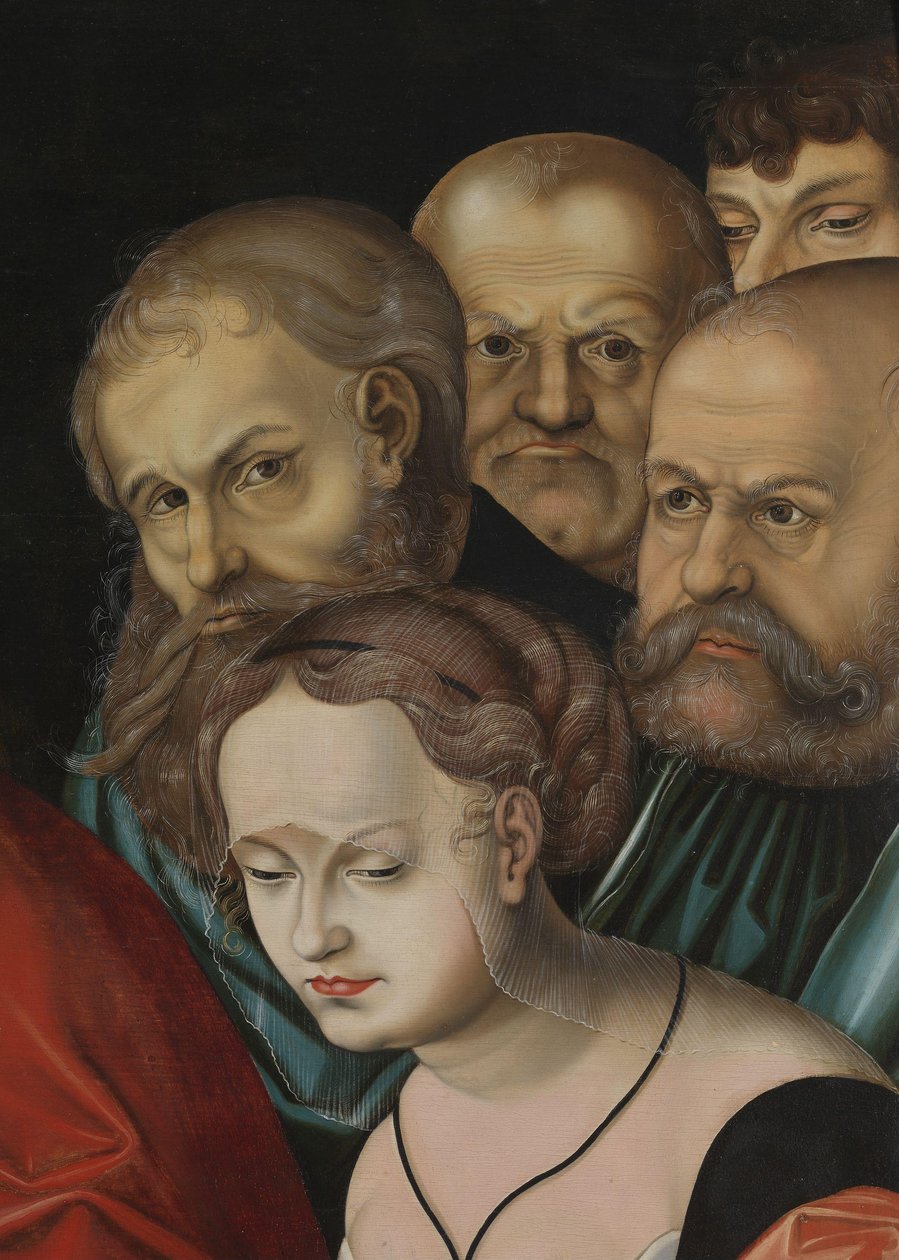 Cristo e a Mulher Tirada em Adultério, detalhe, c.1700 (óleo sobre madeira) de Lucas the Elder (after) Cranach