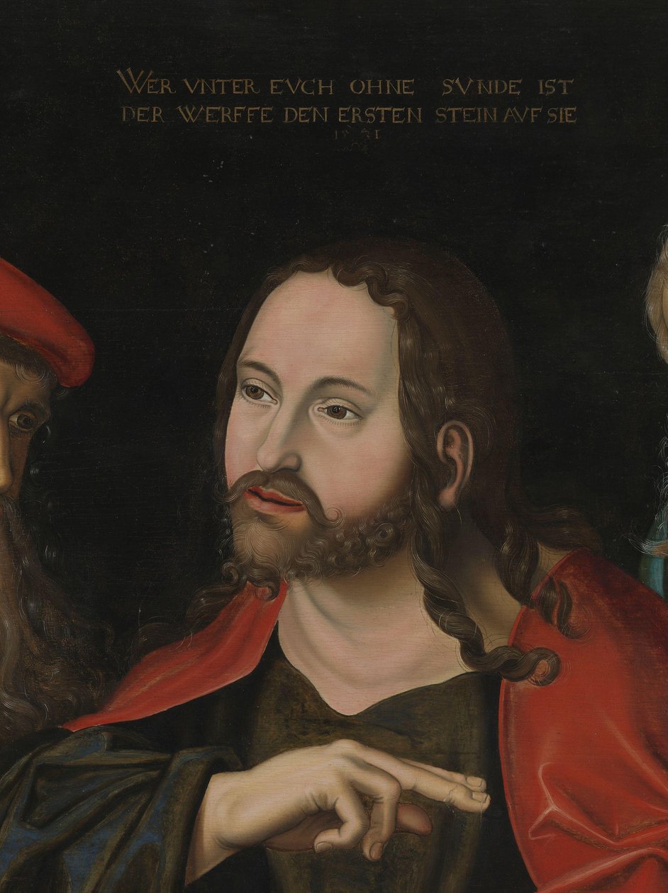 Cristo e a Mulher Tirada em Adultério, detalhe, c.1700 (óleo sobre madeira) de Lucas the Elder (after) Cranach