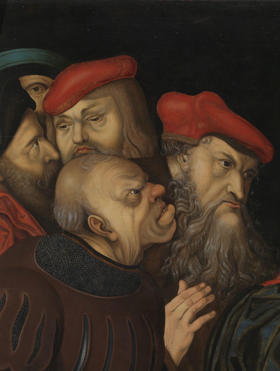 Cristo e a Mulher Tirada em Adultério,detalhe, c.1700 (óleo sobre madeira) de Lucas the Elder (after) Cranach