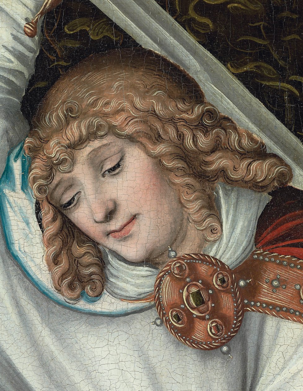 O Arcanjo Miguel segurando a Balança da Justiça (detalhe) (óleo no painel) de Lucas the Elder (workshop of) Cranach