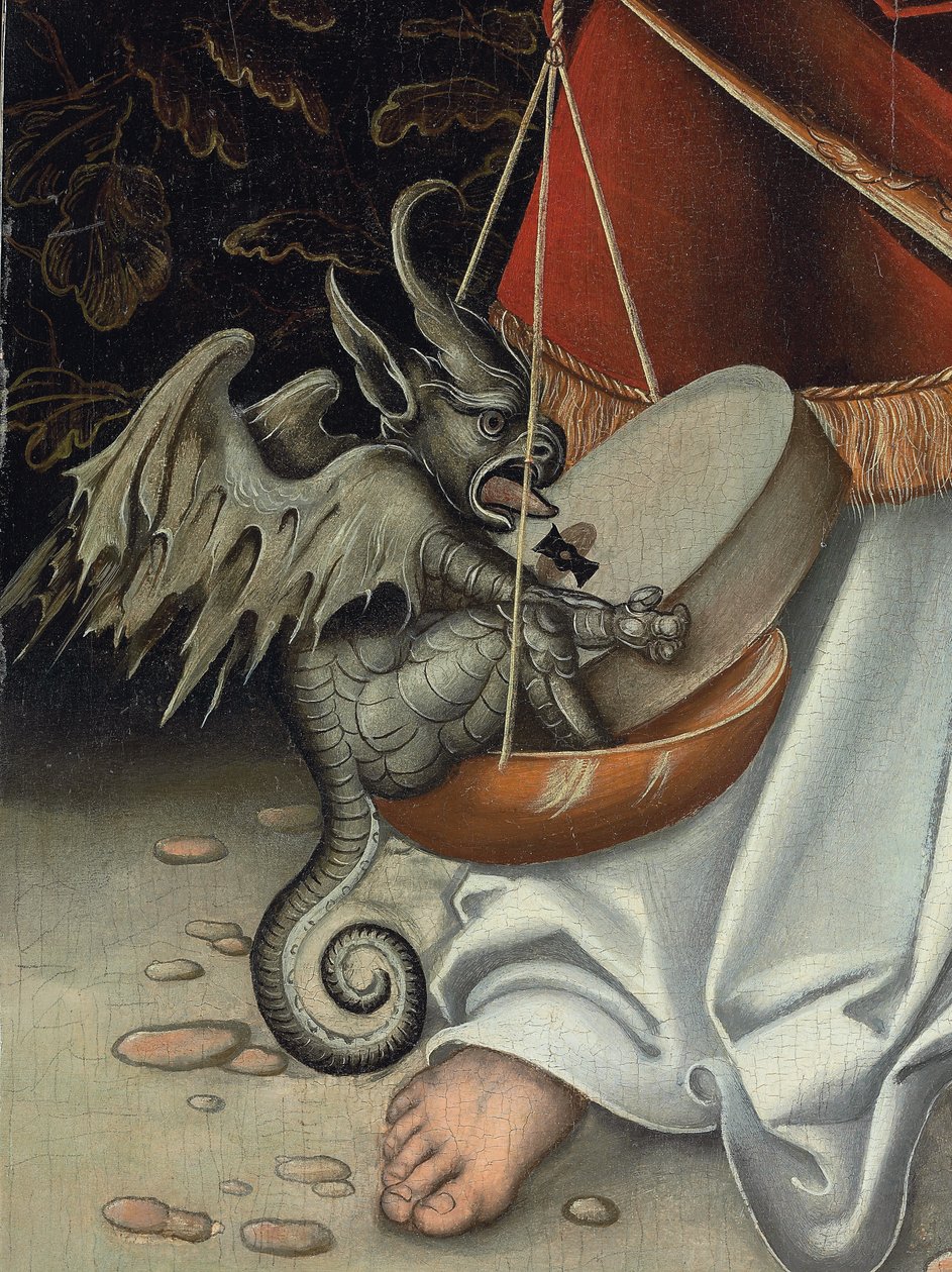 O Arcanjo Miguel segurando a Balança da Justiça (detalhe) (óleo no painel) de Lucas the Elder (workshop of) Cranach