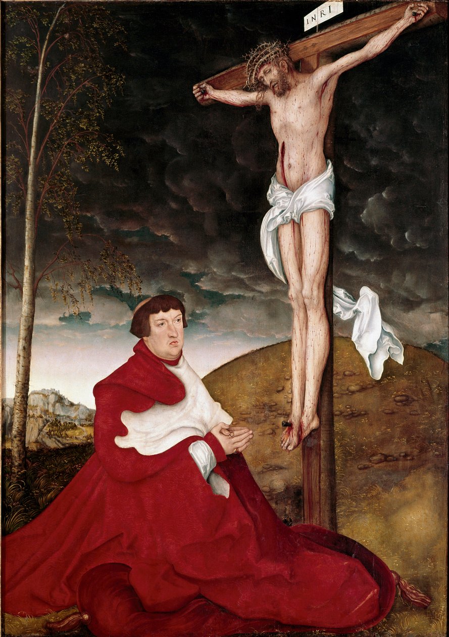 Cardeal Albert von Brandenburg Adorando o Crucifixo Pintura de Lucas Cranach, o Ancião (1472-1553) de Lucas the Elder Cranach