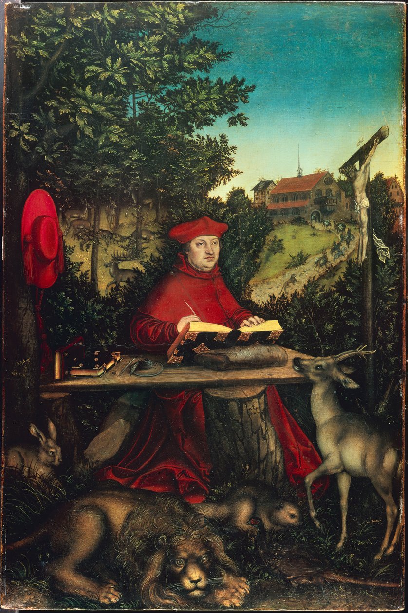 Cardeal Albrecht de Brandenburgo (1490-1545) como São Jerônimo, de Cranach, Lucas, o Ancião (1472-1553). Óleo sobre madeira de Lucas the Elder Cranach