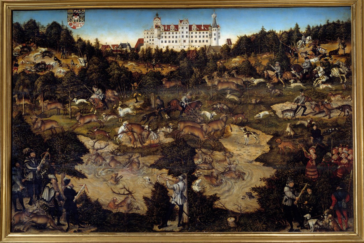 Caça em honra de Carlos V no Castelo de Torgau (Alemanha). Pintura de Lucas Cranach, o Ancião (1472-1553) de Lucas the Elder Cranach
