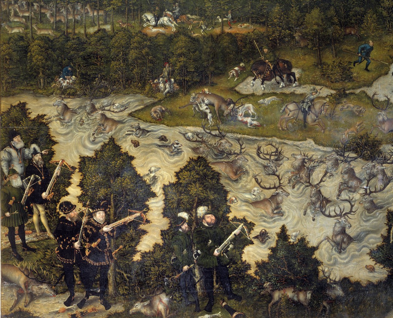 Caça em honra de Carlos V no Castelo de Torgau, na Alemanha O imperador é provavelmente representante à esquerda. Detalhe. Pintura de Lucas Cranach, o Ancião (1472-1553). Século XVI. Madrid. Museu do Prado de Lucas the Elder Cranach