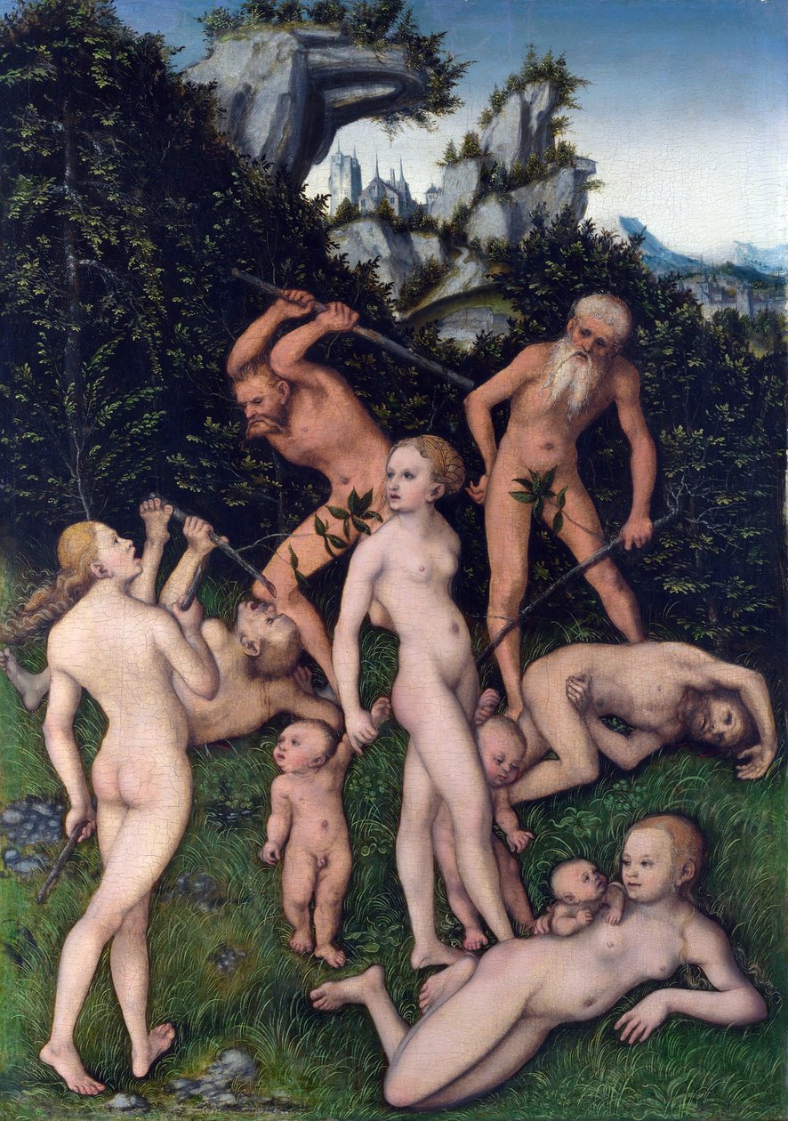 O fim da Idade da Prata. Tema inspirado nos antigos poemas gregos de Hesíodo (século VII a.C.) em "As Obras e os Dias", os homens começam a perder a sua inocência e parte da sua felicidade. Pintura de Lucas de Lucas the Elder Cranach