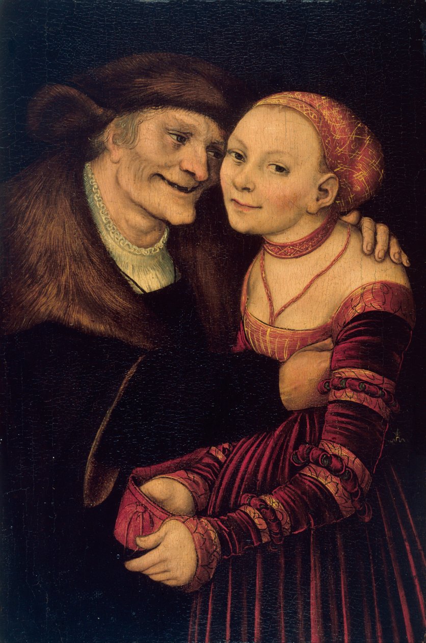 Le couple mal assorti - The Unequal Couple - Cranach, Lucas, the Elder (1472-1553) - 1517 - Oil on wood - 27,3x18 - Museu Nacional d