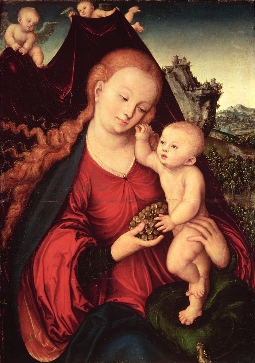 Madonna e criança (óleo no painel) de Lucas the Elder Cranach