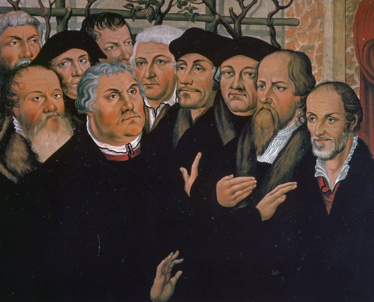 Martinho Lutero com representantes da Reforma Protestante, à direita Melanchthon, no centro Erasmus de Roterdão, detalhe da Ressurreição de Lázaro, pintura de Lucas Cranach Elder (1472-1553) de Lucas the Elder Cranach