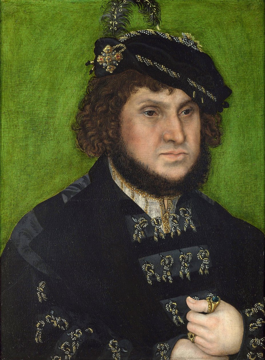 Retrato de João da Saxônia (Retrato de João da Saxônia). João Frederico da Saxônia, conhecido como Magnânimo, Grande Eleitor e Conde Palatino e protetor de Martinho Lutero (1483-1546). Pintura de Lucas Cranach, o Velho (1472-1553), óleo sobre madeira de Lucas the Elder Cranach
