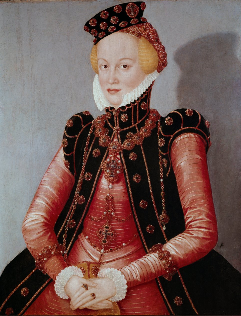 Retrato de Lady Young woman ricamente vestida, usando um chapéu e jóias. Pintura de Lucas Cranach o Ancião (1472-1553) Dim. 87 x 69 cm Munique Alte Pinakothek de Lucas the Elder Cranach