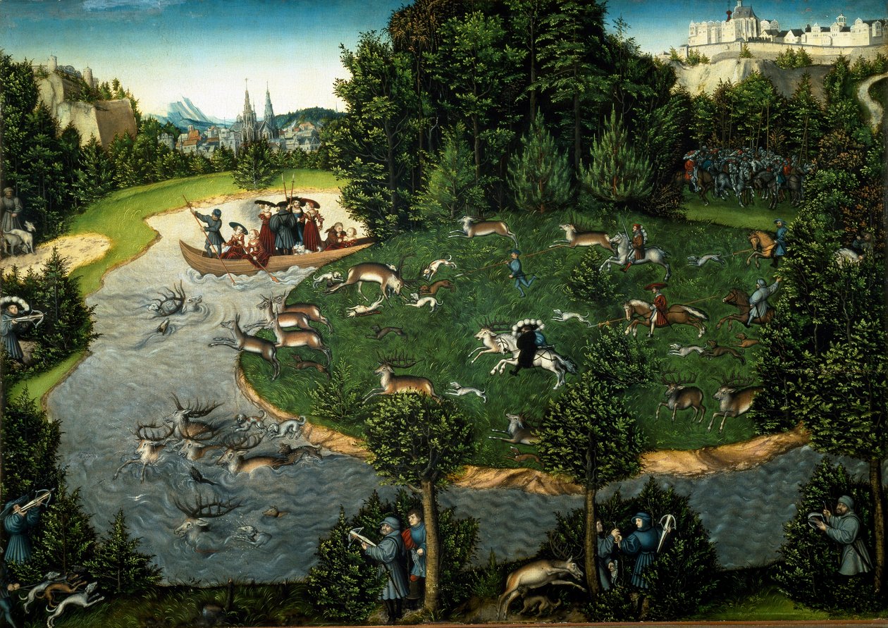Stag Hunt do Príncipe Eleitor Frederic III da Saxônia chamado Wise (Pintura,1529) de Lucas the Elder Cranach