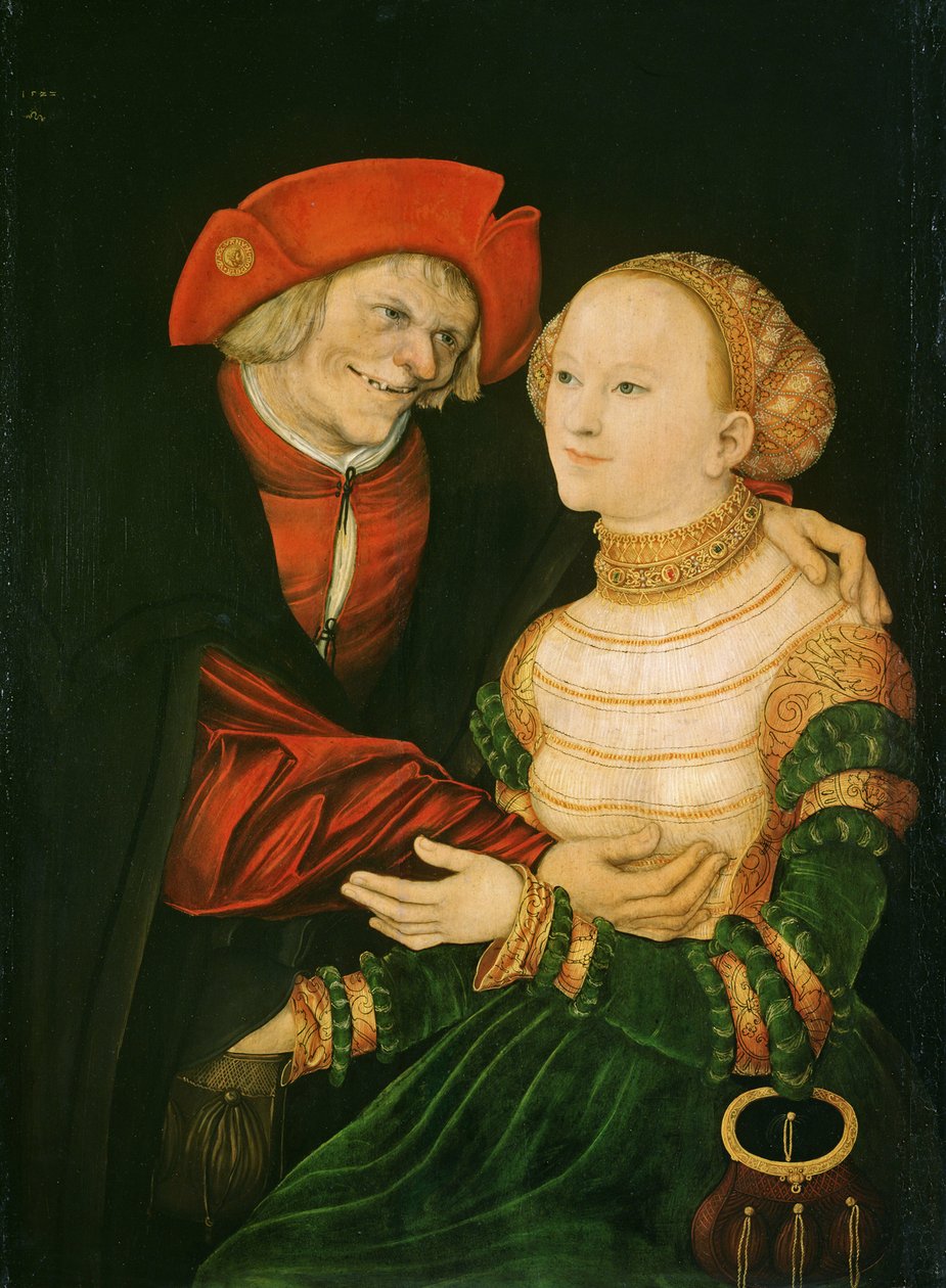O Casal Desigual - Peinture de Lucas Cranach the Elder (1472-1553) - 1522 - Óleo sobre madeira - 84,5x63 - Szepmuveszeti Muzeum, Budapeste de Lucas the Elder Cranach
