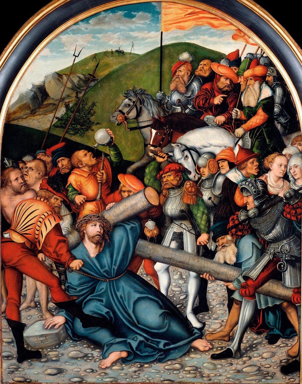 A subida à Pintura do Calvário por Lucas Cranach, o Ancião (1472-1553). 1538. Dim. 107x84 cm Viena. Museu Kunsthistorisches de Lucas the Elder Cranach