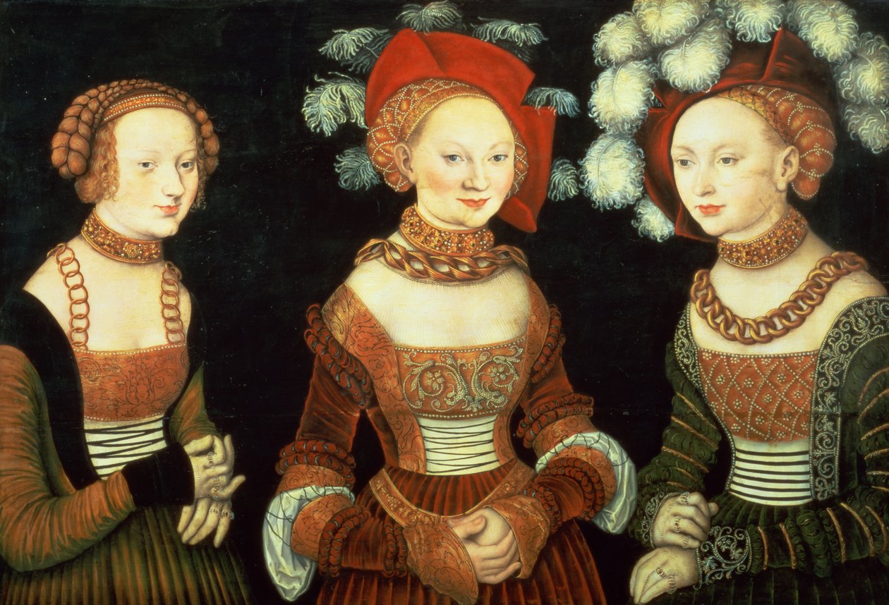 Três princesas da Saxônia, Sibylla (1515-92), Emilia (1516-91) e Sidonia (1518-75), filhas do duque Heinrich de Frommen, c.1535 (painel) de Lucas the Elder Cranach