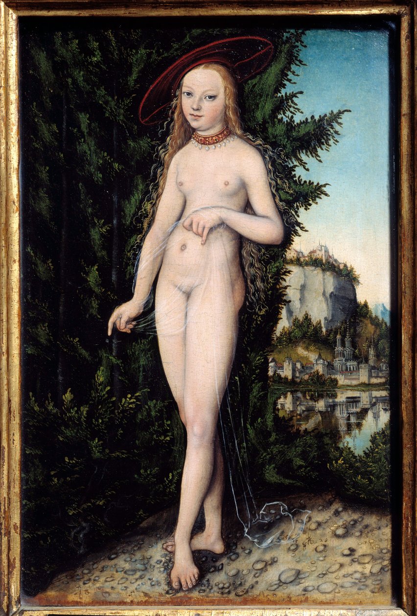 Venus Standing in a Landscape Painting by Lucas Cranach the Elder (1472-1553) 1529, Oil on Wood, Dim. 0,38x0,25 m - Vénus em pé numa paisagem. Pintura de Lucas Cranach, o Mais Velho (1472-1553) de Lucas the Elder Cranach