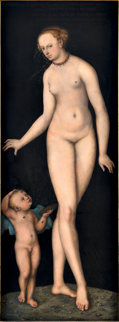 Vênus com Cupido o Ladrão de Mel, de Cranach, Lucas, o Ancião (1472-1553). Óleo sobre madeira, depois de 1537. Dimensão: 175,4x66,3 cm. Germanisches Nationalmuseum, Nuremberga de Lucas the Elder Cranach