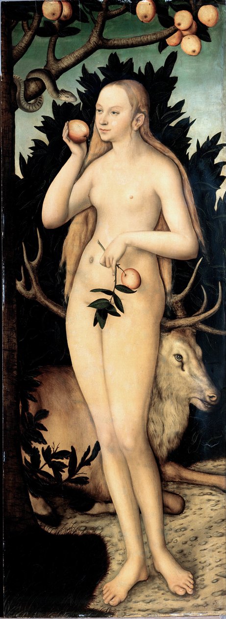 Pintura "Eve" de Lucas Cranach II o mais novo (1515-1586) Depois de 1537 Dim 171 x 63 cm Alemanha Coleções de Arte do Estado de Dresden de Lucas the Younger Cranach