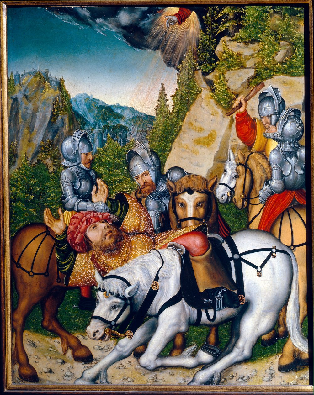 A Inversão a Caminho de Damasco (Síria). (A Inversão a Caminho de Damasco). São Paulo (Saulo) de Tarso (c. 8-c. 67). Pintura de Lucas Cranach the Younger (1515-1586), óleo sobre madeira. Arte alemã de Lucas the Younger Cranach
