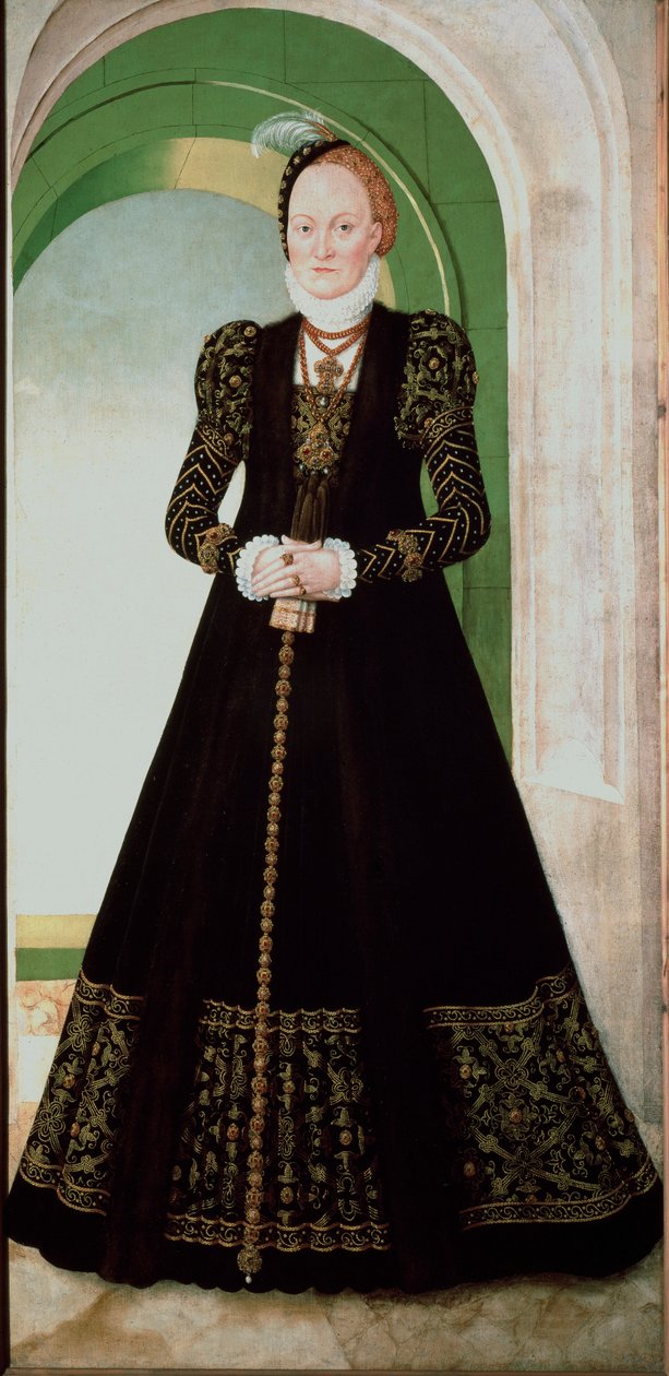 Retrato de Ana da Dinamarca (1532-1585) Esposa do Príncipe Eleitor Augusto da Saxônia (1526-1586) Pintura de Lucas Cranach o Jovem (1515-1586) 1565 Sol. 215x104 cm Museu Kunsthistorisches de Viena de Lucas the Younger Cranach