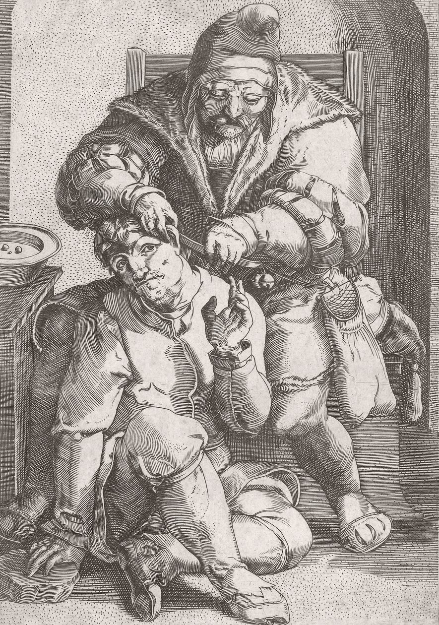 Cirurgião barbeiro do século XVII cuidando do ouvido de um paciente. de Lucas van (after) Leyden