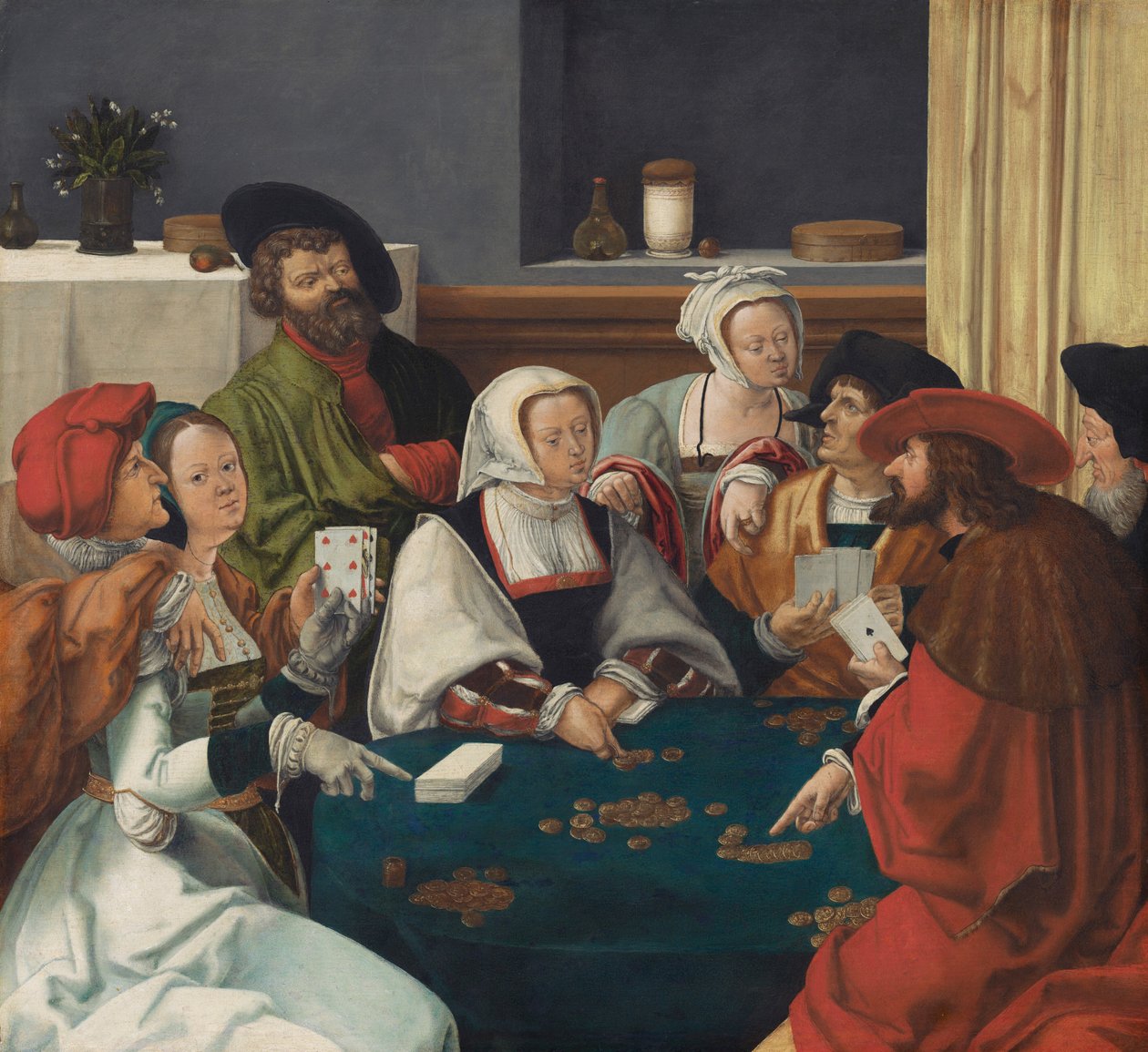 Os jogadores de cartas, provavelmente c.1550-99 (óleo sobre tela) de Lucas van (after) Leyden