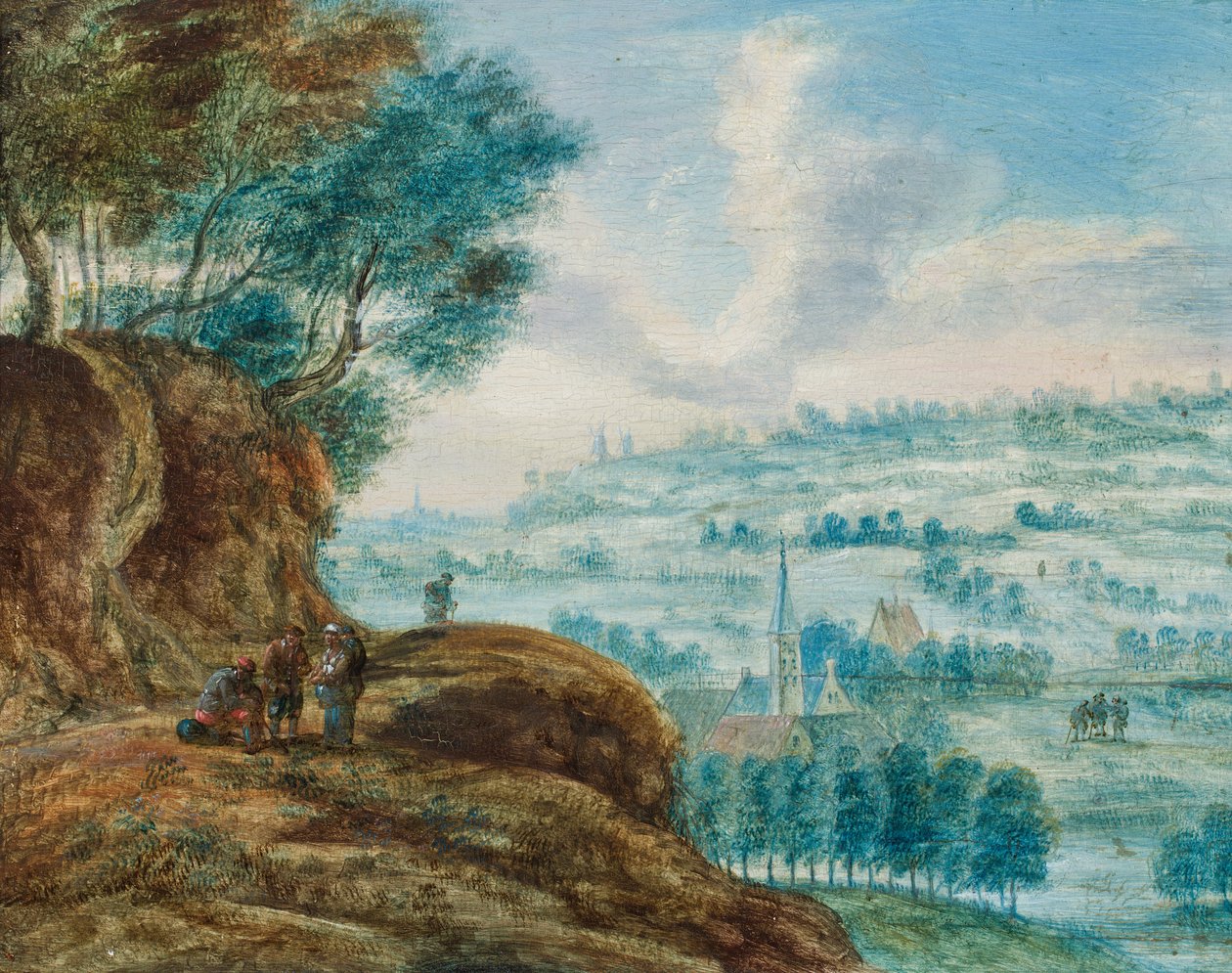 Figuras numa estrada sobre uma paisagem extensa (óleo sobre painel) de Lucas van (attr.to) Uden