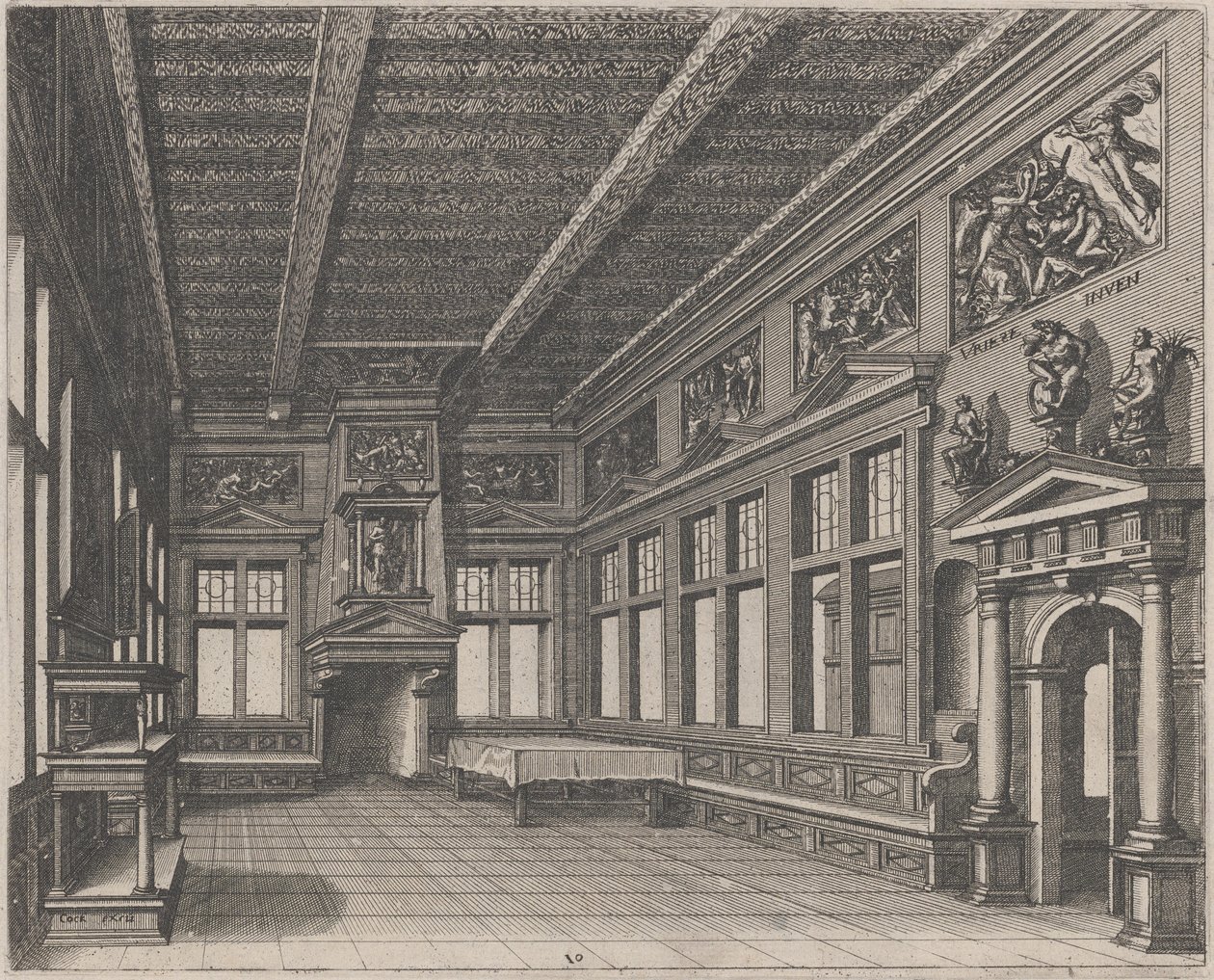 Interior com Buffet, Chaminé e Pinturas Religiosas de Lucas van Doetechum and Johannes