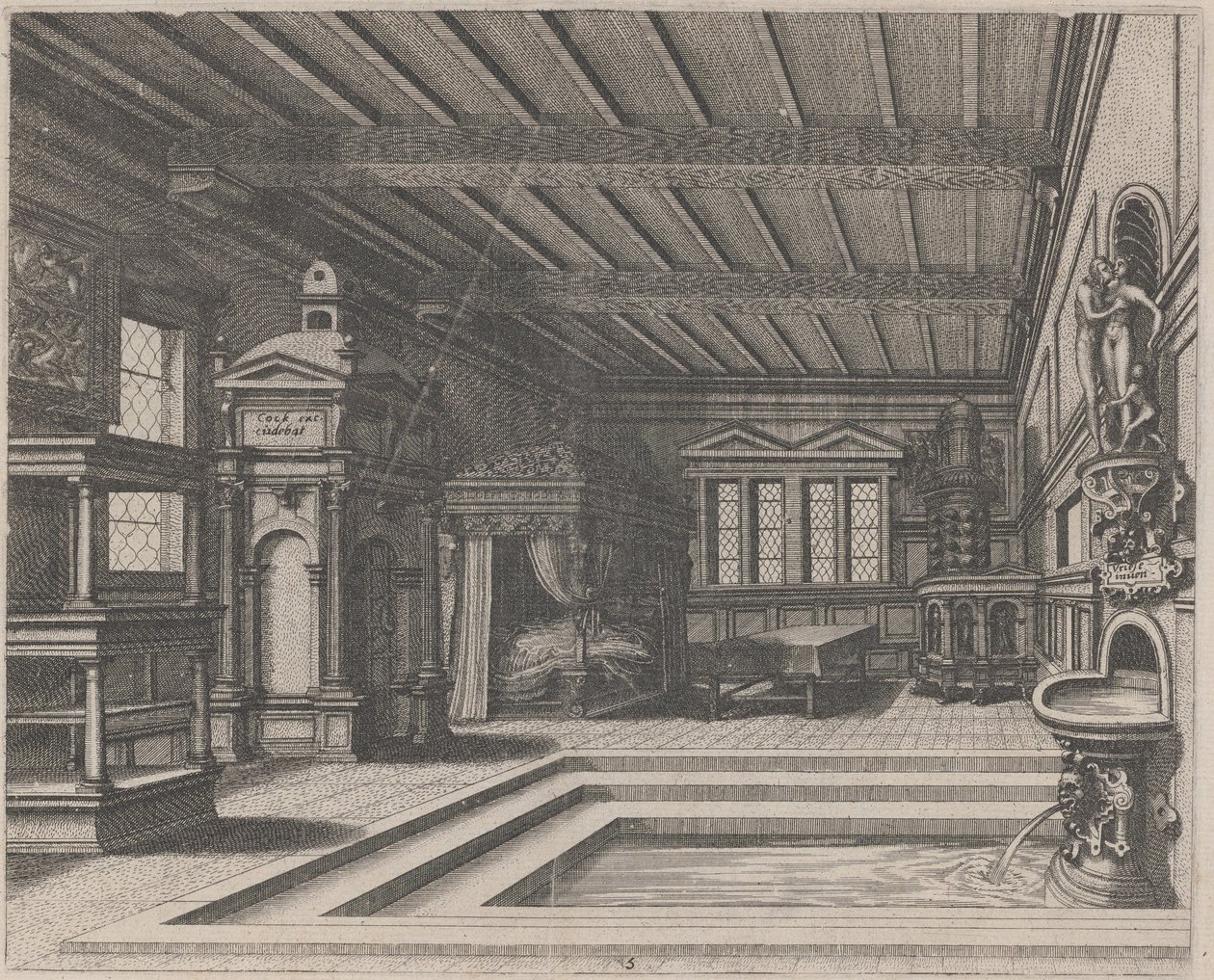 Interior com buffet, portal de entrada e cama com dossel de Lucas van Doetechum and Johannes