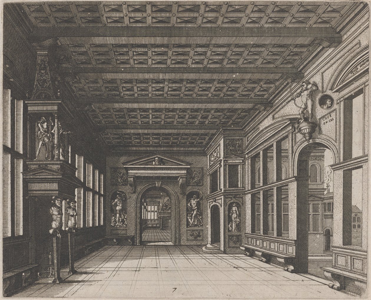 Interior com vista para um segundo quarto com chaminé de Lucas van Doetechum and Johannes