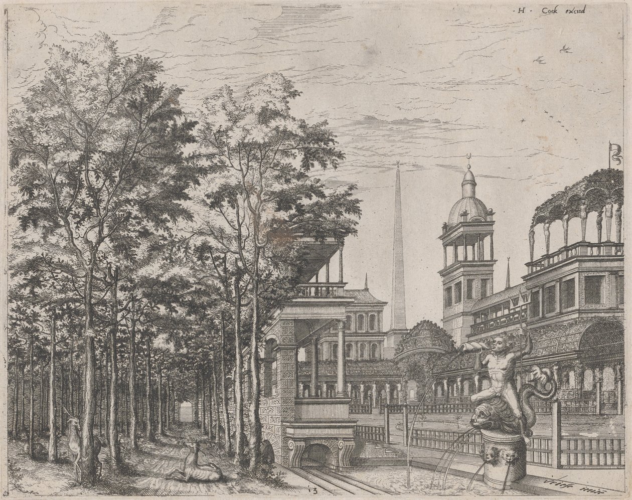 Paisagem com árvores, dois veados e um pátio do palácio de Lucas van Doetechum and Johannes