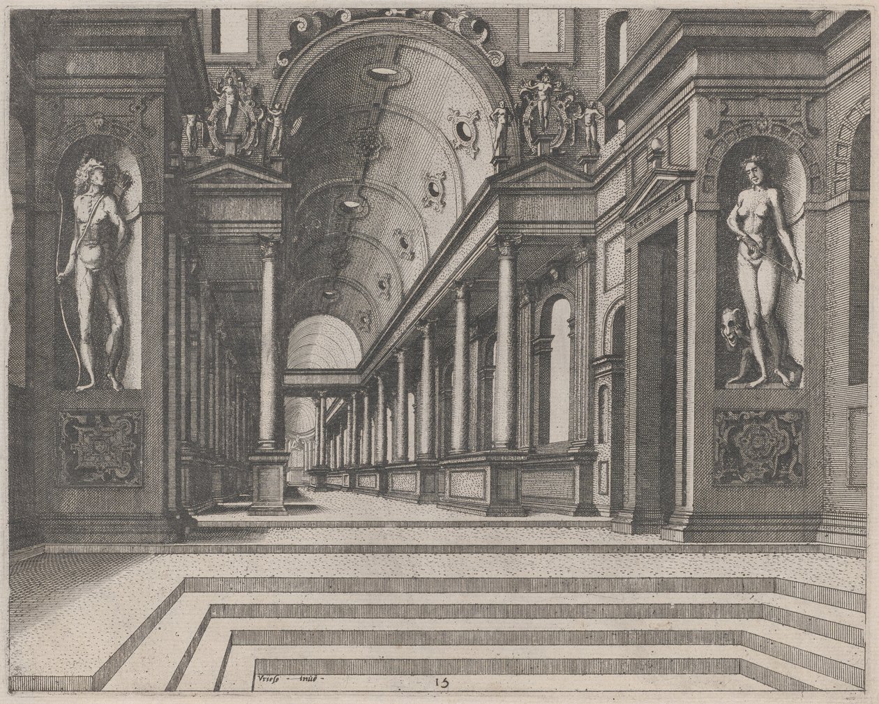 Vista em uma igreja com colunas coríntias e estátuas de Apolo, Melpomene e Moisés de Lucas van Doetechum and Johannes