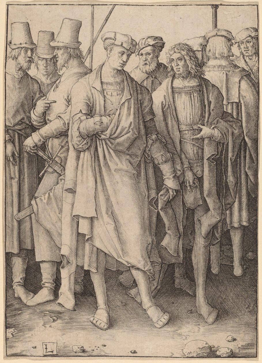 Um jovem com oito homens armados de Lucas van Leyden