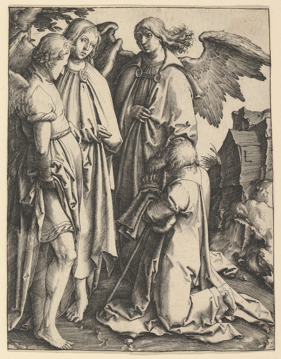 Abraão e três anjos, ca. 1513 de Lucas van Leyden