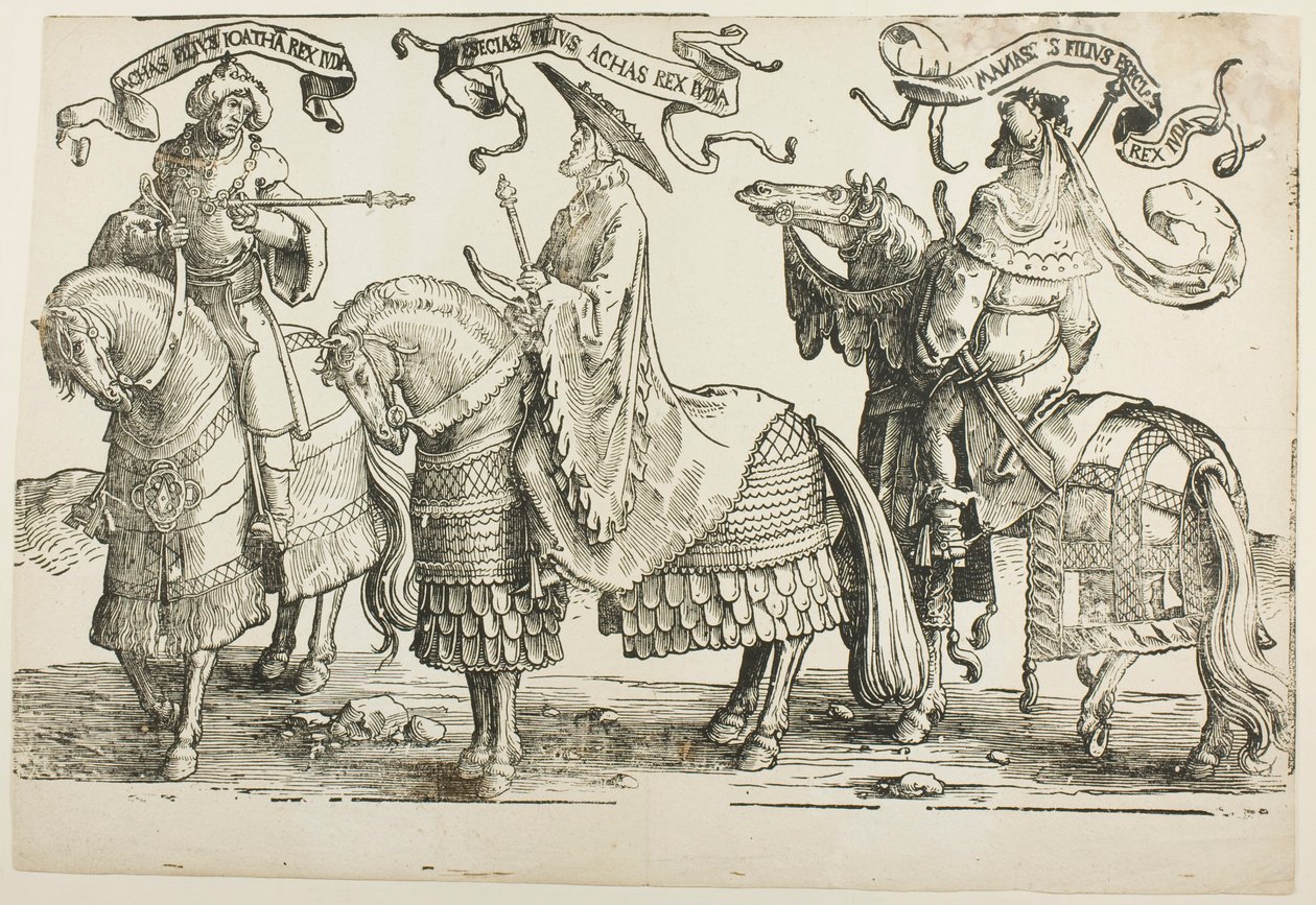 Acaz, Ezequias, Manasses, prato quatro, de Os Doze Reis de Israel de Lucas van Leyden