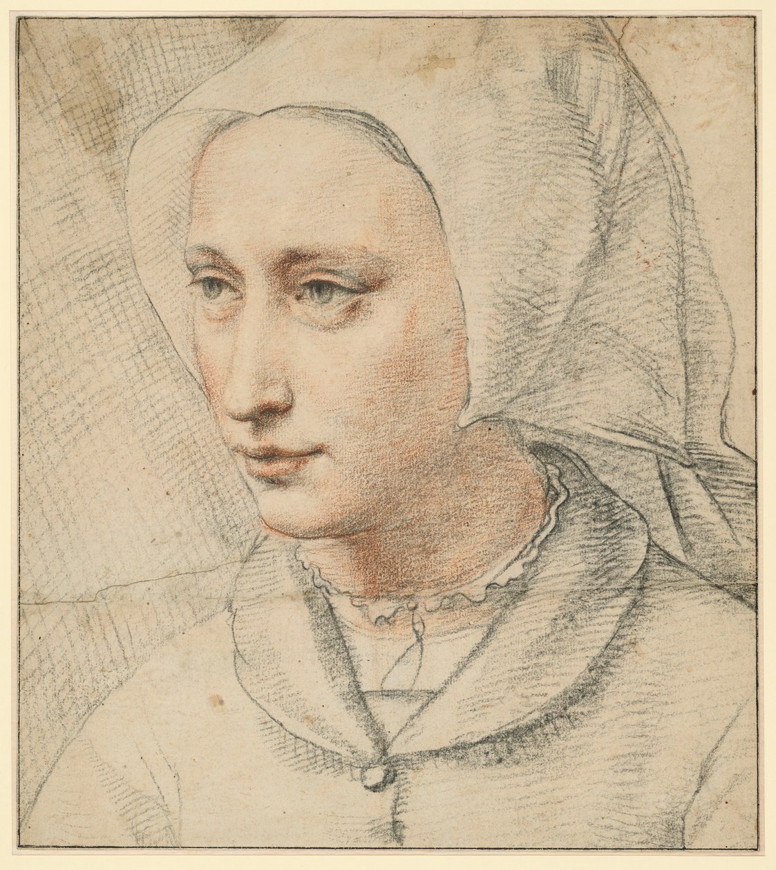 Retrato de busto de uma mulher com touca, meio virada para a esquerda de Lucas van Leyden
