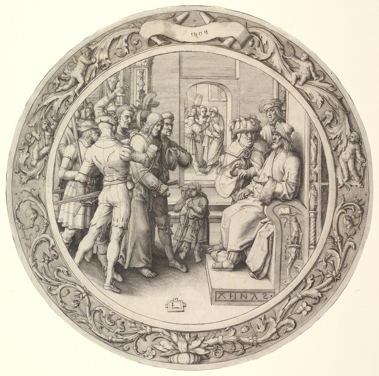 Cristo diante de Anás, da Paixão Circular, 1509. de Lucas van Leyden
