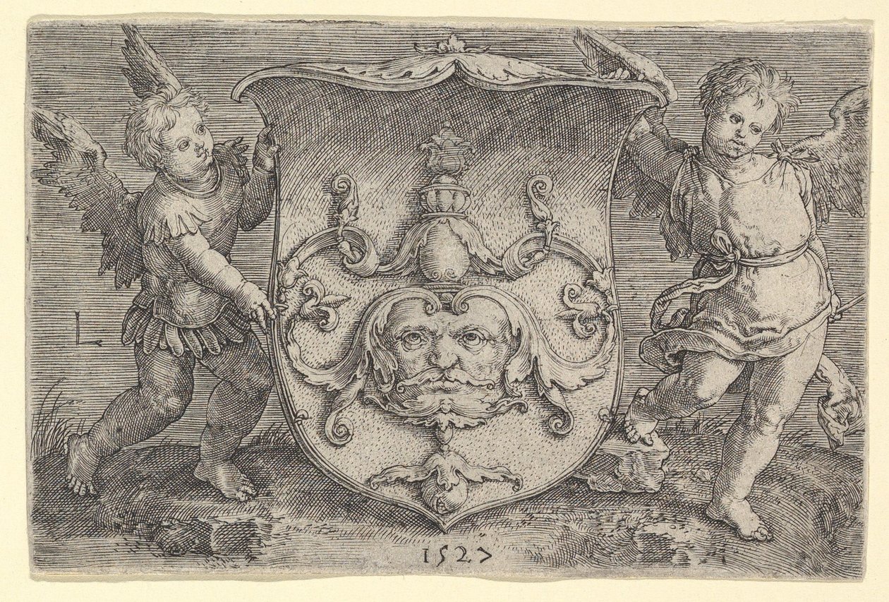 Brasão de armas com uma máscara, realizada por dois gênios, 1527. de Lucas van Leyden