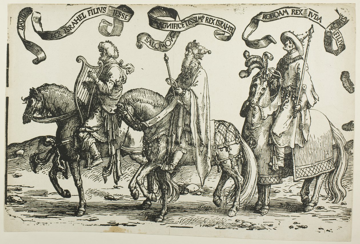 Davi, Salomão, Roboão, prato um, de Os Doze Reis de Israel de Lucas van Leyden