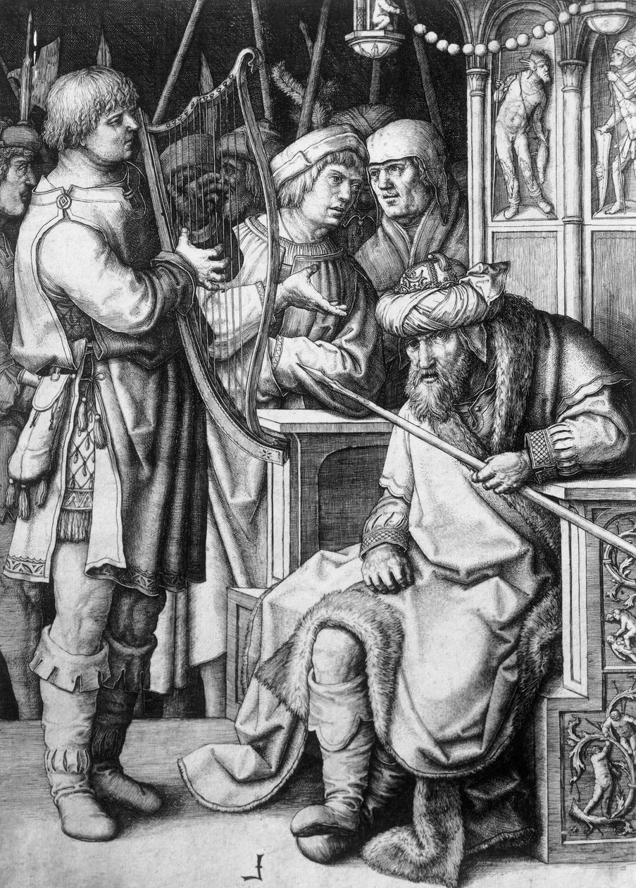 David tocando harpa diante do Rei Saul, cerca de 1508, por Lucas van Leyden (ca. 1494-1533), gravando de Lucas van Leyden