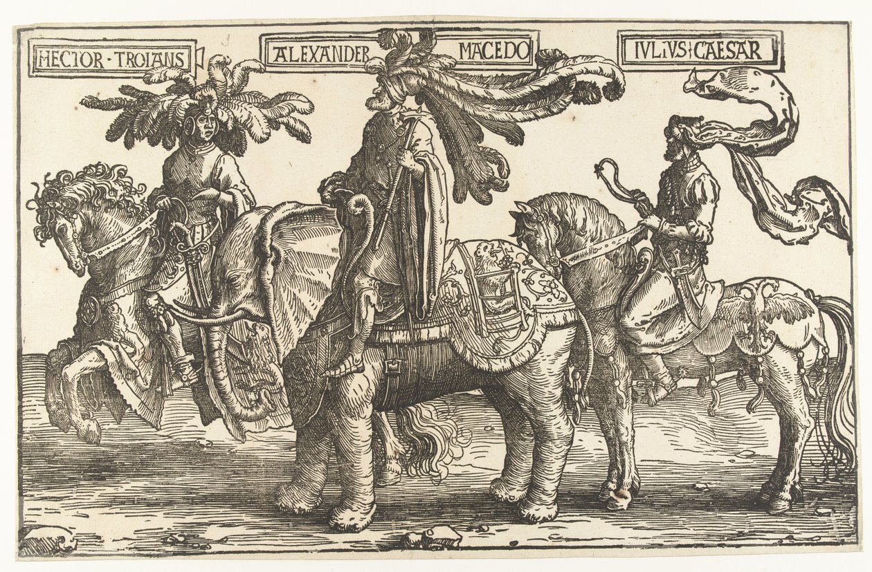 Os heróis Héctor de Tróia, Alexandre o Grande e Júlio César
Os nove heróis (título da série) de Lucas van Leyden