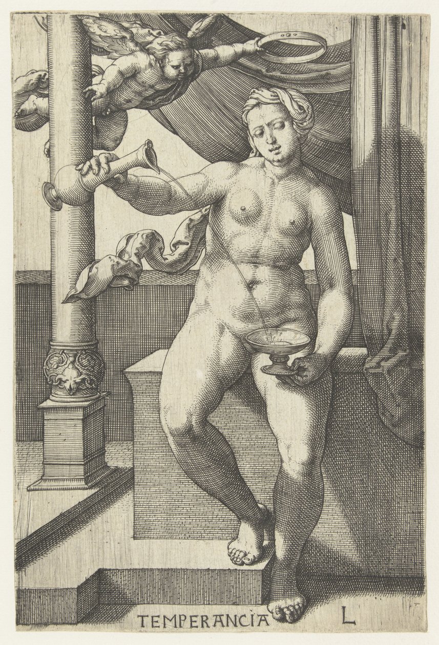 sobriedade Temperancia (título no objeto) Sete Virtudes (título da série) de Lucas van Leyden