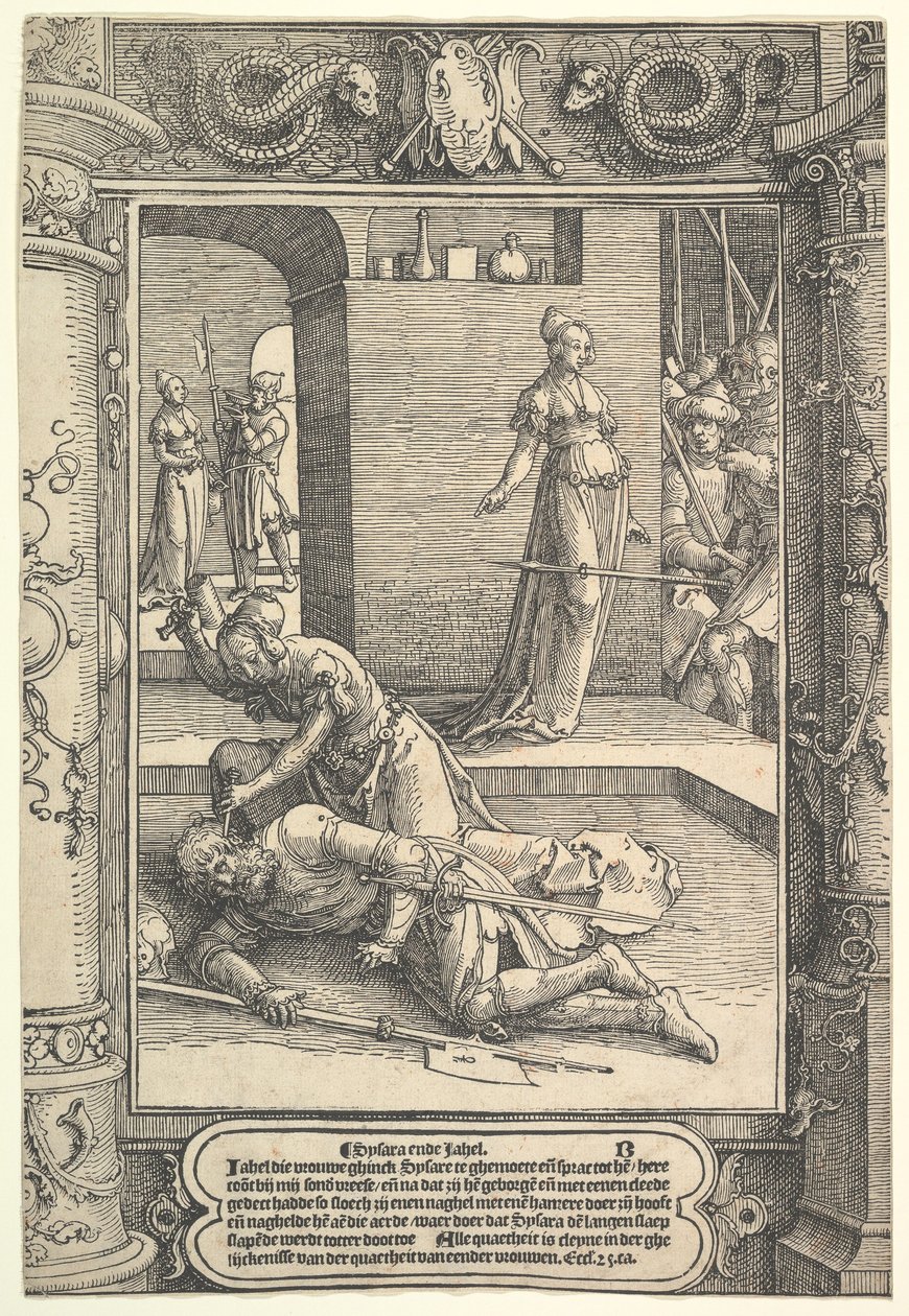 Jael Killing Sisera, moldura ornamental, ca. 1517. de Lucas van Leyden