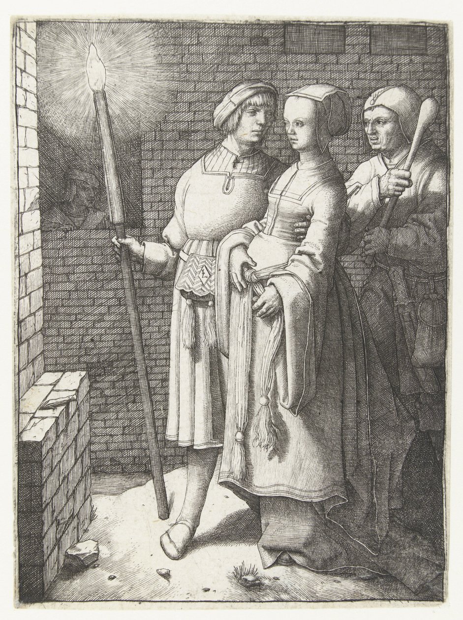 Homem jovem com uma tocha, uma mulher e um bobo de Lucas van Leyden