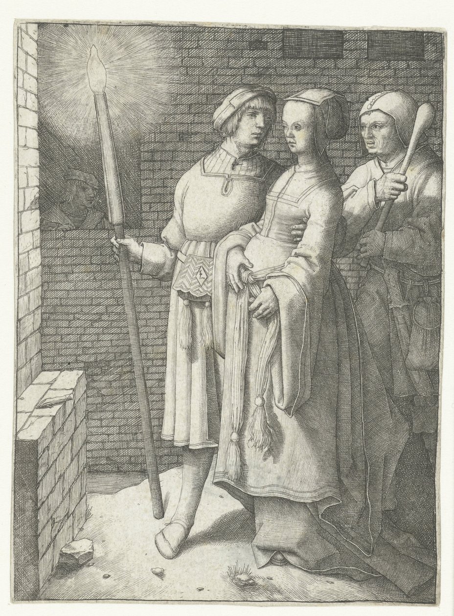 Jovem com uma tocha, uma mulher e um nar de Lucas van Leyden