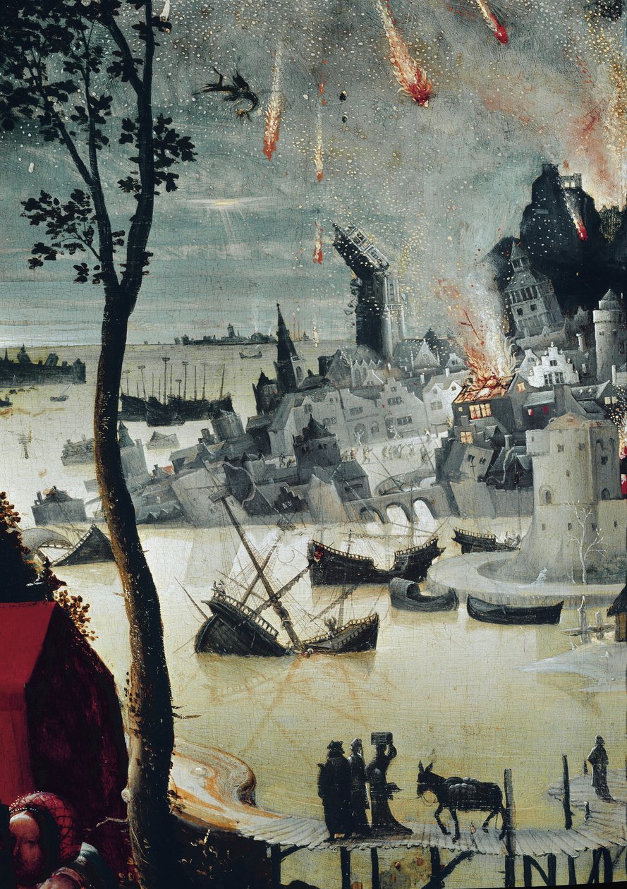 Lote e suas Filhas, detalhe da destruição de Sodoma (óleo sobre painel, cerca de 1517) de Lucas van Leyden