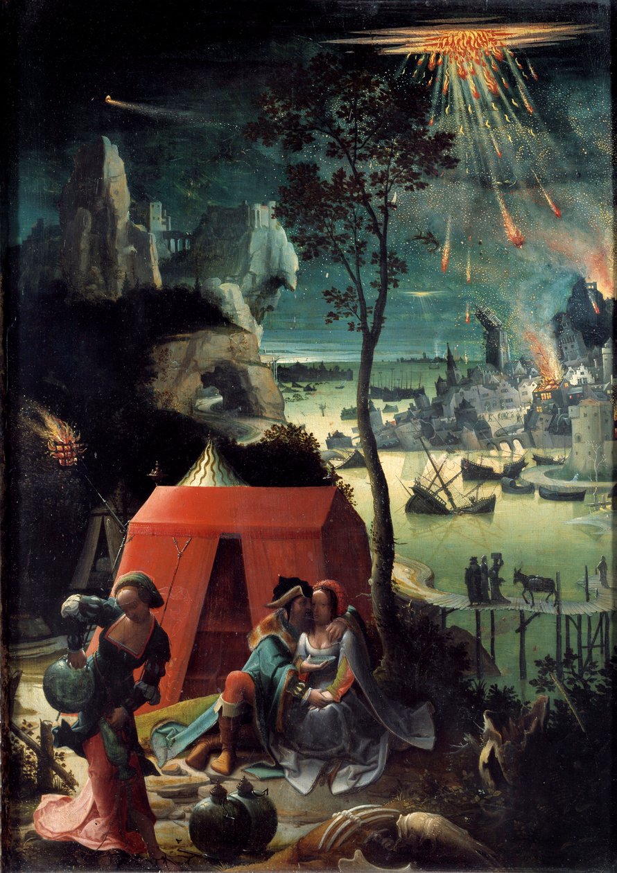 Loth e suas filhas Loth envolve suas duas filhas, refúgio na montanha para escapar da destruição de Sodoma. Raparigas nuas embebedam o pai delas. Pintura de Lucas van Leyden dit Lucas de Leiden (Leide) (Lucas Hugensz ou Lucas Jacobsz) (1494-1533) 16 de Lucas van Leyden